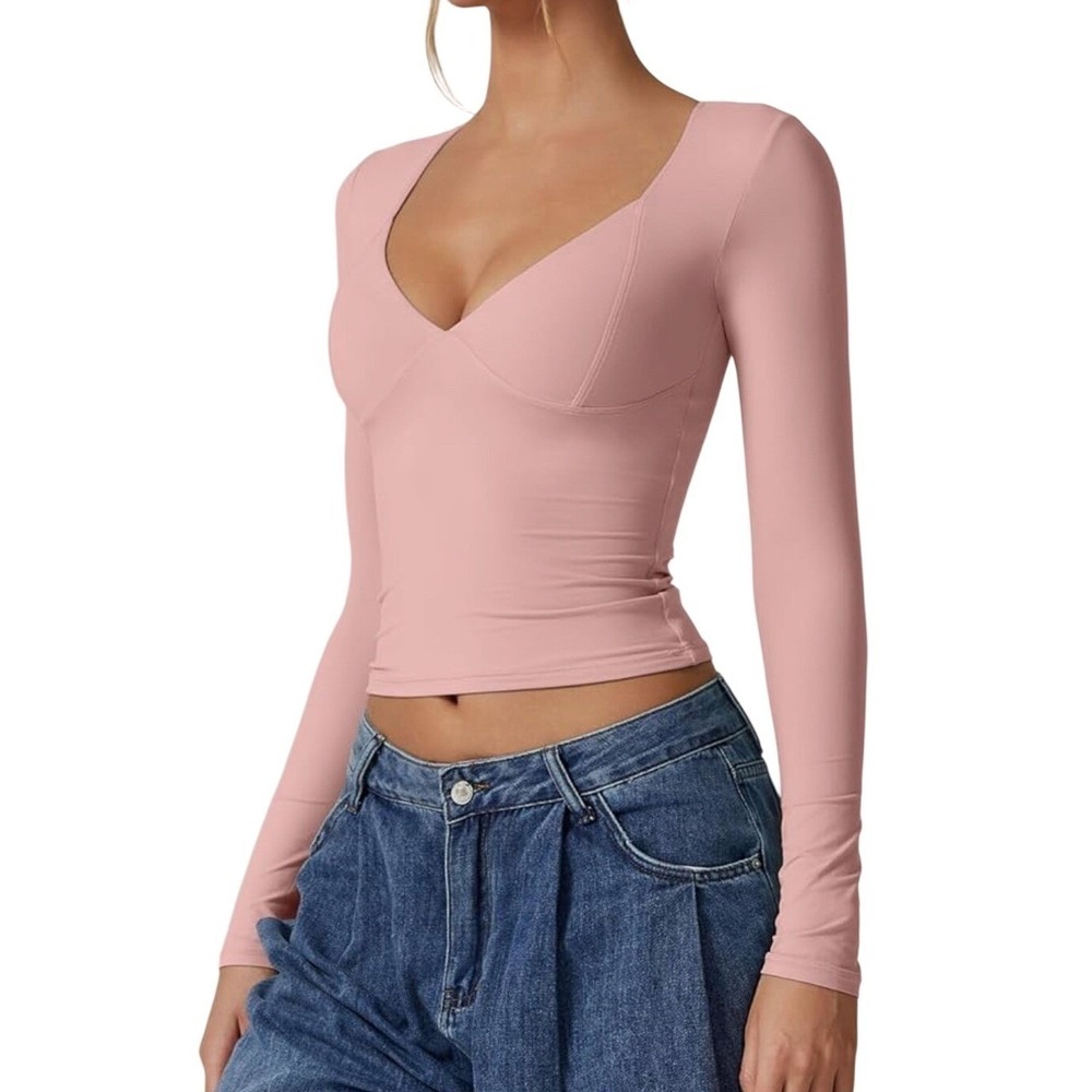 QINSEN V Neck Long Sleeve Cropped Top Double Lined Sculpting Tee Bodycon Pink XS
